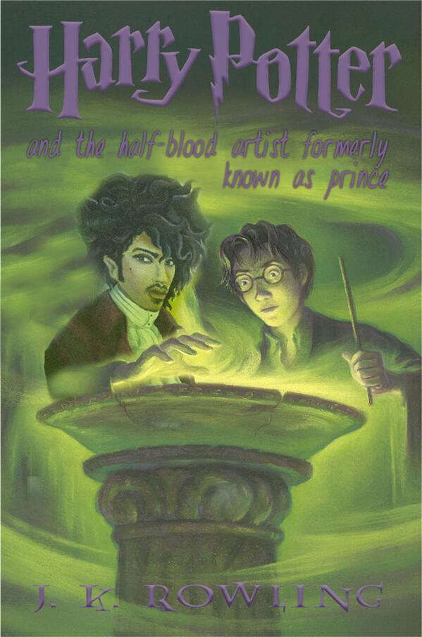 An edited cover of book 6, featuring Prince. The title has been altered to say 'Harry Potter and the half-blood artist formerly known as prince.