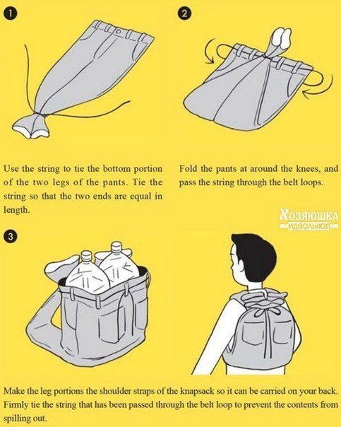 A makeshift backpack can be made from a pair of pants by tying the legs shut, threading the string through the belt loops, and tying it off to form a drawstring. The legs then serve as the straps of the 'bag'.