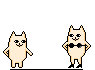 Two cat-like creatures face each other, the one on the right in heels and a bra. It removes the bra to reveal a second face. The other cat is shocked. The heeled cat's second mouth opens wide and eats the other cat.