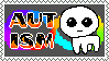 A stamp featuring the autism rainbow infinity sign cycling through a rainbow and a TBH/autism creature in front of it. The word 'autism' is written in all caps with epic flames burning in it.
