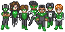 A group shot of the sprite dolls of the Earth Lanterns. Left to right is Simon, Jessica, Hal, Jo, John, Kyle, and Guy.