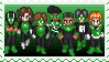 The Green Lantern oath flashes by, followed by a group shot of sprites of the seven main (space-based, adult) Earth Green Lanterns. From left to right is Simon, Jessica, Hal, Jo, John, Kyle, and Guy.