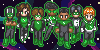 A group shot of the sprite dolls of the Earth Lanterns in space with their green auras active.