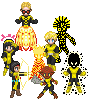 A group tableau of the New Mutant team. Clockwise from top left is Cannonball, Warlock, Cypher, Sunspot, Wolfsbane, Mirage, Karma, and Magma in the center.