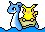 A pikachu surfing on the back of a lapras