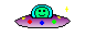 A 'flying-saucer'-style UFO with a little green pilot