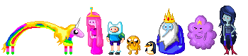 The main cast of Adventure Time. From left to right: Lady Rainicorn, Princess Bubblegum, Finn, Jake, Gunther, Ice King, Lumpy Space Princess, and Marceline