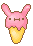 A scoop of pink ice cream shaped like a bunny in a cone