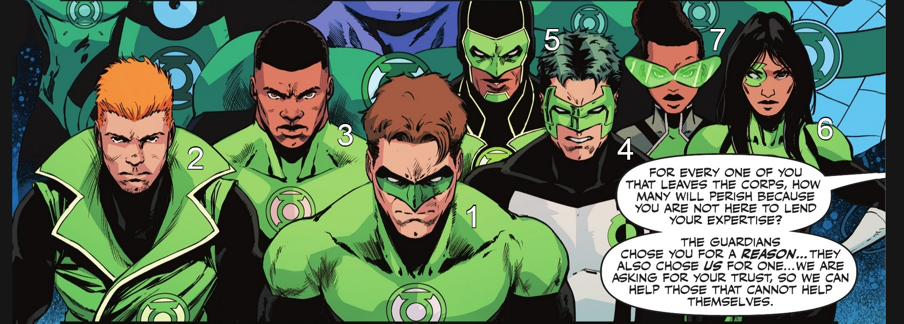 A panel from the 2023 run of Green Lantern. From left to right is Guy, John, Hal, Simon, Kyle, Jo, and Jess. Each has a little number to match with their description below.