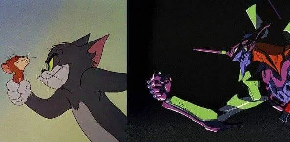 A side-by-side comparison of Tom holding Jerry and Eva Unit-01 holding Kaworu