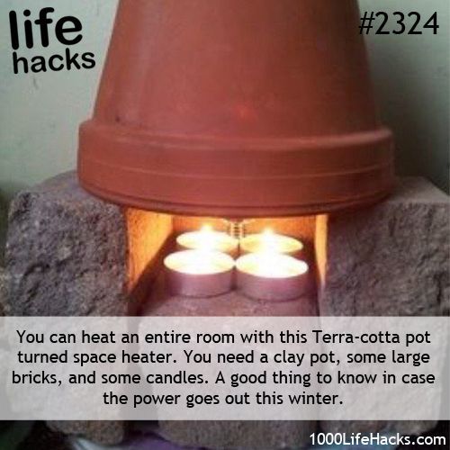 You can heat a small room with a makeshift heater made from a terra-cotta flower pot, bricks, and tea light candles. By lighting the candles (on a fire-proof surface), then placing the flower pot over the candles with the bricks allowing for airflow, heat can collect- not enough for a large room, but will work for a small room. Do not leave unattended.