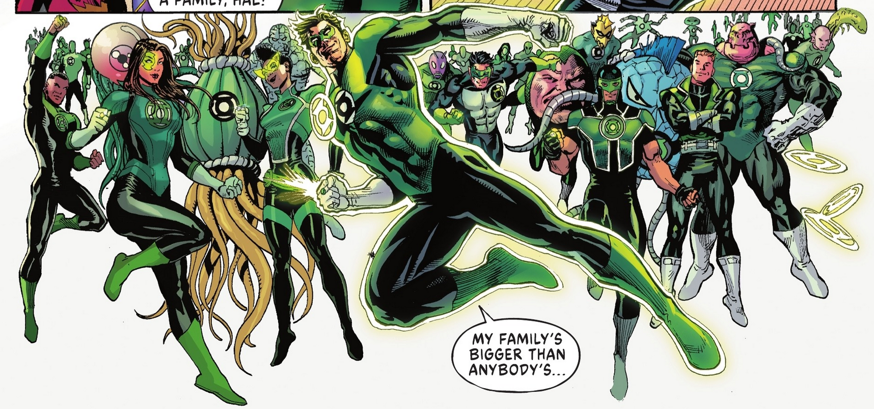 A tableau of Hal, along with the rest of the Earth Lanterns and the Green Lantern Corps post-Dark Crisis. Hal says 'My family's bigger than anybody's.