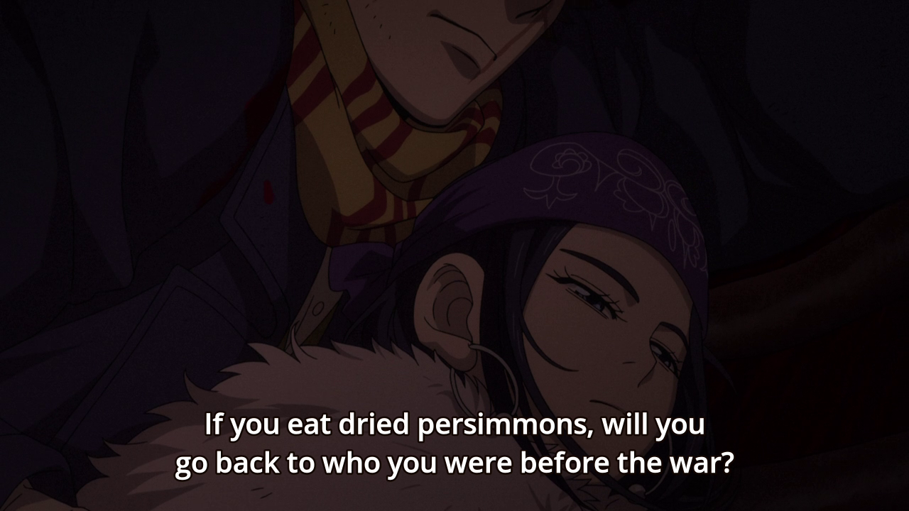 'If you eat dried persimmons, will you go back to who you were before the war?' Asirpa asks Sugimoto as they huddle in the deer carcass.