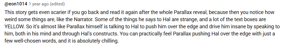 This story gets even scarier if you go back and read it again after the whole Parallax reveal, because then you notice how weird some things are, like the Narrator. Some of the things he says to Hal are strange, and a lot of the text boxes are YELLOW. So it’s almost like Parallax himself is talking to Hal to push him over the edge and drive him insane by speaking to him, both in his mind and through Hal’s constructs. You can practically feel Parallax pushing Hal over the edge with just a few well-chosen words, and it is absolutely chilling.