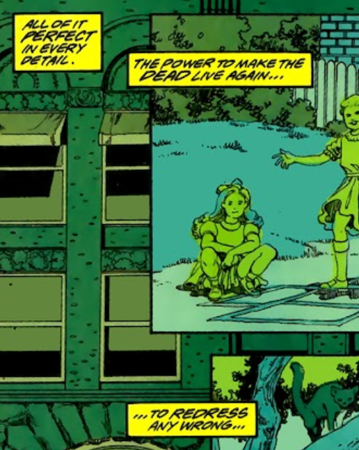 More yellow narration boxes, along with a shot of some of Hal's constructs of Coast City. In order, the narration boxes read: All of it PERFECT in every detail. The power to make the DEAD live again... ...to REDRESS any wrong...