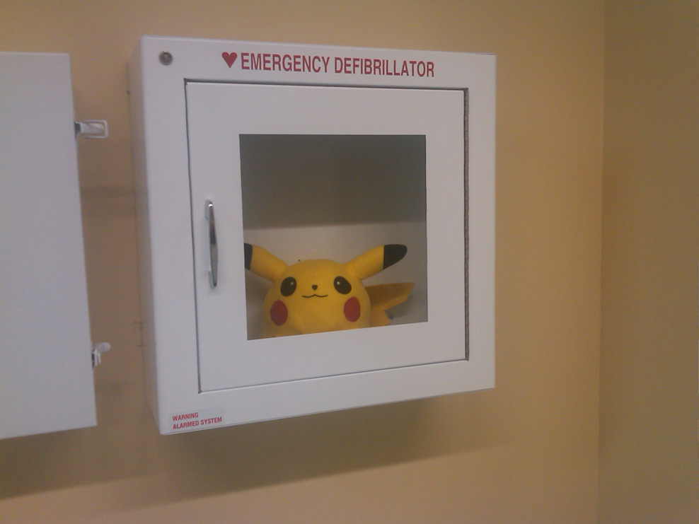 A pikachu plushie patiently waits in an AED case for when it's needed.