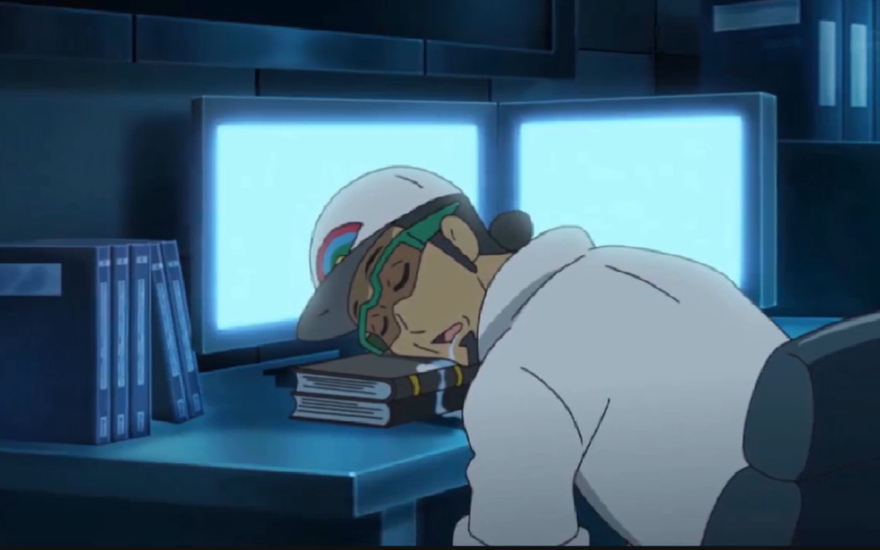 Professor Kukui has fallen asleep at his desk on his books. He's also drooling.
