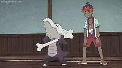 Kiawe looks on in dismay as his Alolan marowak gets distracted with air guitar during his challenge of the Malie City 'gym'.