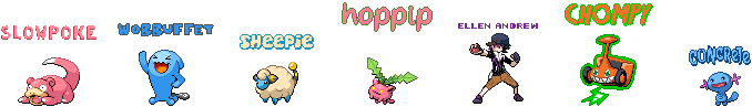 A team made of some of my favorite pokemon. From left to right, there's Slowpoke, Wobbuffet, Sheepie the Mareep, Hoppip, a sprite of myself (based somewhat on Hugh's sprite from X and Y), Chompy the Mow Form Rotom, and Concrete the Wooper.