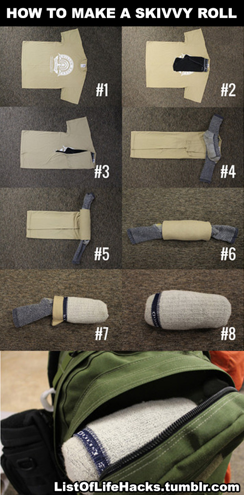 A skivyy roll is a good way to pack underclothing in a small bundle. Lay out a shirt flat, then place underwear, folded in half or thirds, on top by the collar. Fold the sides/sleeves of the shirt over the underwear and the center to form a narrow strip (about 1/4 the width of the shirt). Lay a pair of socks on top, each facing the opposite direction with the toes in. Roll the shirt and socks up. Then take the leg of each sock and turn it inside-out over the t-shirt roll to keep it in place. End product should be a neat cylindrical bundle that fits in a bag with ease.