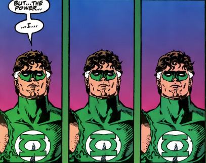 Hal stands, confused. In the first panel, all he can say is: But... the power... ...I... Then he falls silent and stands still for the next two panels, clearly unable to justify what's going on.