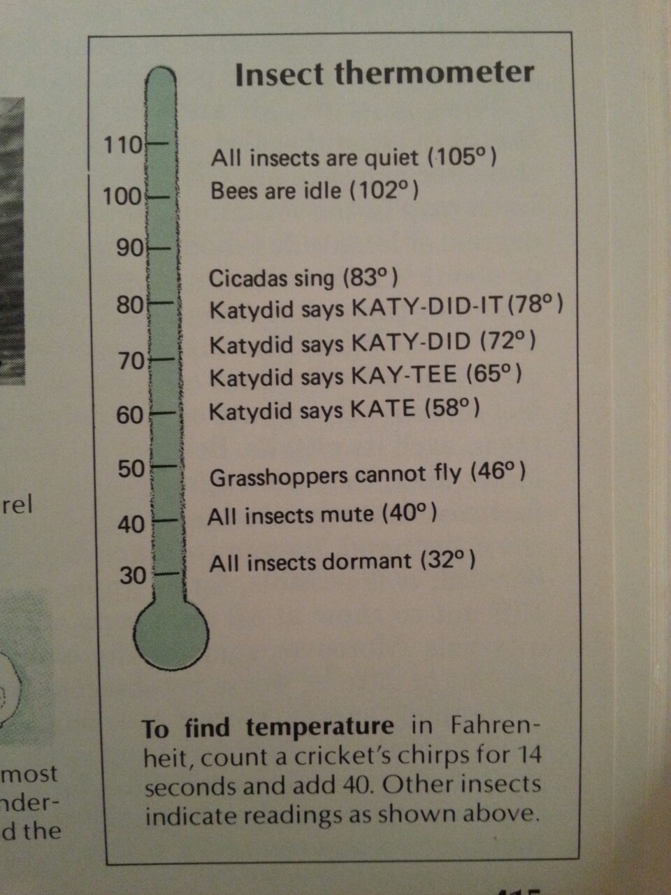 To find the temperature in Fahrenheit, count the crickets for 14 seconds, then add 40.